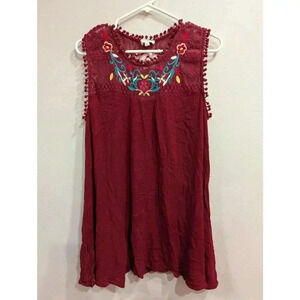 Women's sleeveless wine colored top w/pom poms and embroidery detail, Umgee, M